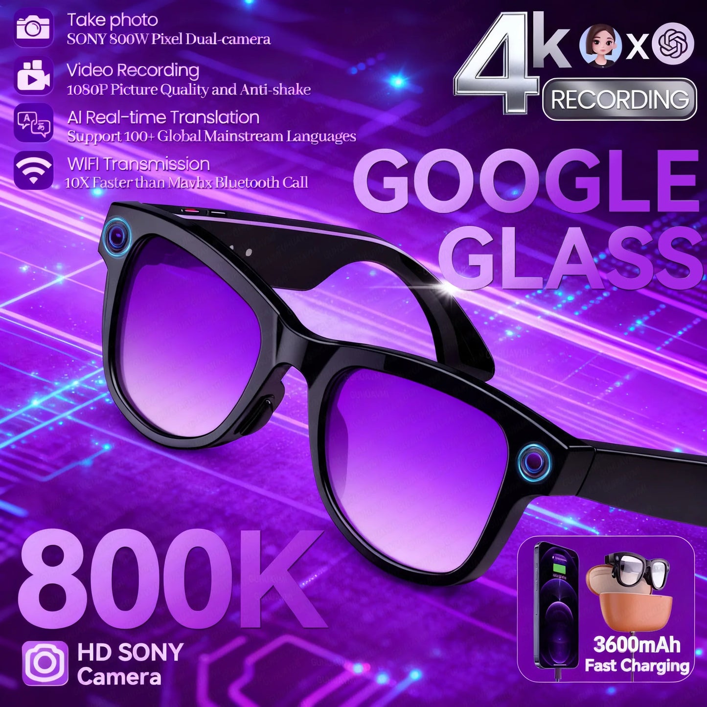 New AI Chat Glasses for IOS Smart Glasses w/100+language Translation